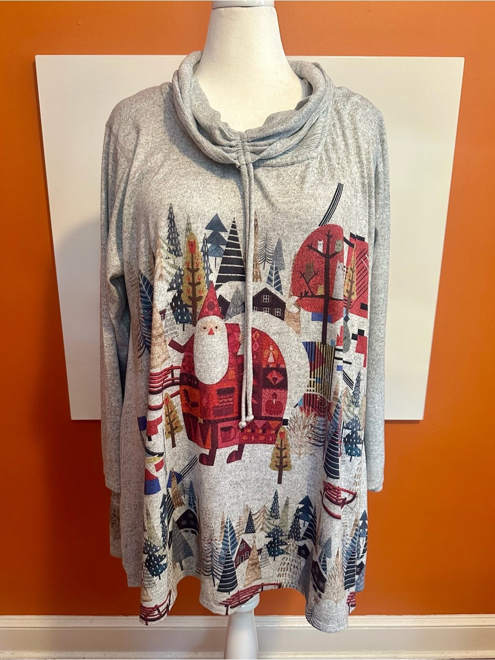Et'Lois Santa Winter Forest Graphic Cowl Neck Tunic Sweater 2X